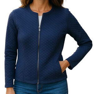 Olsen Blue Eva Jersey Shaped Fit Zip Front Jacket Coat Waffle Cardigan MEDIUM